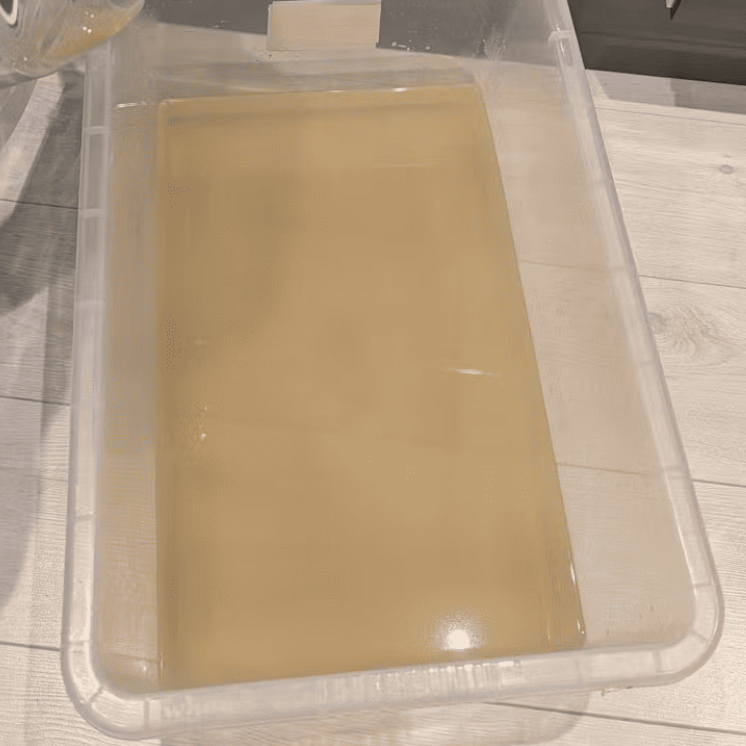 Clear plastic container full of brown water inside on a wooden surface